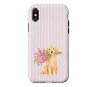 Adorable Chiot Golden Retriever avec Bouquet de Fleurs Rose rayé Coque pour iPhone X/XS