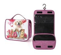 Adorable chiot heureux tenant un panneau d'amour en bois Trousse de toilette de voyage pour femme, organisateur de maquillage à suspendre avec crochet pour shampooing
