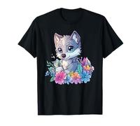 Adorable chiot loup entouré de fleurs T-Shirt