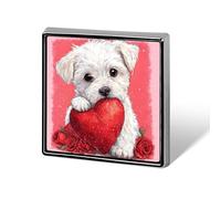 Adorable chiot tenant un cœur rouge pailleté avec des roses unisexe broches et épingles carrées légères pour vêtements, châle, chapeau