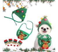 Adorable Christmas Tree Pom-Pom Hat for Dogs & Cats,Christmas Tree Costume,Funny Soft Pet Accessory,Plush Headgear and Bib for Dogs Accessories Costume (Set-A,Small)