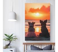 Adorable couple de chiens admirant le coucher de soleil sur la plage - Affiche décorative sur toile - Impression d'art - Décoration murale moderne pour chambre familiale - 50 x 75 cm (20 x 30 pouces)