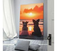 Adorable couple de chiens admirant le coucher du soleil sur la plage - Affiche décorative sur toile - Impression d'art - Décoration murale moderne pour chambre familiale - 20 x 30 cm (8 x 12 pouces)