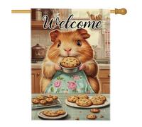 Adorable drapeau de jardin de bienvenue en forme de cochon d'Inde, décoration de biscuits d'animaux mignons pour le printemps et l'été, la pelouse extérieure, bannière double face en toile de jute