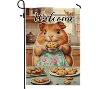 Adorable drapeau de jardin de bienvenue en forme de cochon d'Inde, décoration de biscuits d'animaux mignons pour le printemps et l'été, la pelouse extérieure, bannière double face en toile de jute