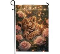 Adorable drapeau de jardin de lion endormi, décoration florale de chiot brun doux, bannière de cour extérieure, décoration de jardin en toile de jute double face, 12 x 18 pouces