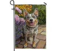 Adorable drapeau de jardin pour chien, décoration animale colorée à talons bleus pour le printemps et l'été, beau motif floral pour décoration de pelouse, bannière double face vibrante de 30,5 x 45,7