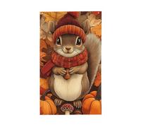 Adorable écureuil portant une écharpe d'automne, un chapeau, des drapeaux de cour, maison, bannière de vœux avec œillets, décoration d'intérieur et d'extérieur