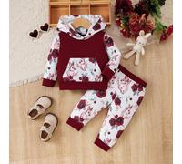 Adorable ensemble 2 pièces pour bébé fille: Top à capuche patchwork avec motif lapin et fleur de trompette + pantalon imprimé numérique avec motif lapin couleur contrastée 6-9M,9-12M,12-18M,18-24M,2-3