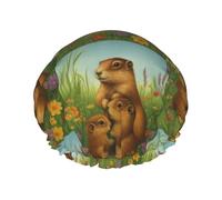 Adorable famille de capybaras sous un bonnet de douche fleuri, double couche, réutilisable, imperméable, confortable et élégant.