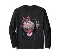 Adorable Hippopotame Personnage féminin Signe de Paix Kawaii Pop Graphique Manche Longue