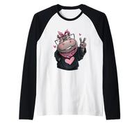 Adorable Hippopotame Personnage féminin Signe de Paix Kawaii Pop Graphique Manche Raglan