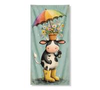 Adorable housse de porte parapluie en forme de vache, décoration florale fantaisie pour printemps et saison des pluies, panneau de bienvenue intérieur et extérieur, 91,4 x 183 cm