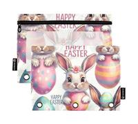 Adorable lapin de dessin animé orné d'œufs de Pâques avec fenêtre transparente - Trousse à crayons de couleurs assorties - 3 anneaux - Organisateurs scolaires et de bureau - Multicolore - 2 pièces