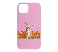 Adorable Lapin de Pâques Corgi avec de Jolies Fleurs de Tulipes Roses Coque pour iPhone 14 Plus