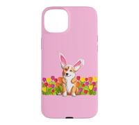 Adorable Lapin de Pâques Corgi avec de Jolies Fleurs de Tulipes Roses Coque pour iPhone 15 Plus