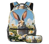 Adorable lapin et fleur Libérez votre créativité avec notre sac à dos et trousse à crayons pour garçons, filles et adolescents, multicolore, B：29.4x20x40cm P：19x7.5x3.8cm, Sacs à dos de jour