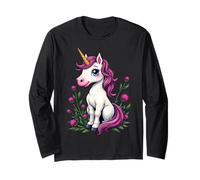 Adorable licorne rose assise parmi des chardons écossais Manche Longue