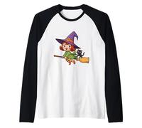 Adorable sorcière et Chat sur Balai Manche Raglan
