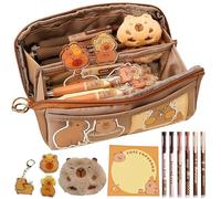 UIVXXUD Adorable trousse à crayons en toile à rabat avec 10 couches d'ours Capybara : comprend stylos, badge Capybara, pendentif et clips (marron)