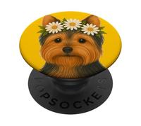 Adorable Yorkshire Terrier avec Couronne de Marguerites Printemps-été PopSockets PopGrip Adhésif