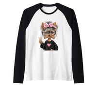 Adorable Yorkshire Terrier avec Lunettes Rondes et nœud Rose Manche Raglan