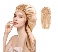 Adorila Bonnet long en satin pour femme, bonnet de nuit en soie double couche avec bande extensible, bonnet de nuit avec bouton pour tresses, cheveux bouclés (doré)