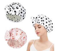 Adorila Lot de 2 bonnets de douche imperméables pour femme, élastiques et réutilisables avec nœud réglable, lavables, adaptés à la plupart des types de cheveux (pois noirs et pois roses)