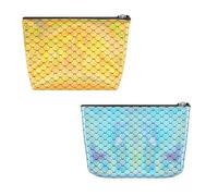 Adorila Lot de 2 porte-monnaie en cuir avec motif écailles de poisson, petite pochette à monnaie avec porte-clés, poche zippée pour femme (bleu et or), Bleu/doré, Porte-monnaie écailles de poisson