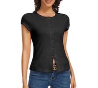 ADORPOP Tee Shirt Femme Été - Blouse à Manches Courtes Boutonnée Col Rond Top Chic Noir Small
