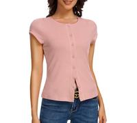 ADORPOP Tee Shirt Femme Été - Blouse à Manches Courtes Boutonnée Col Rond Top Chic Rose Small