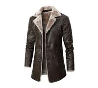 ADOSSAC Blouson Automne Hiver Homme Revers en Molleton Hommes de rétro Cuir Manteau Noir Long Faux Veste d'hiver PU Trench Couleur Unie à Manches Longues avec col Fourrure, Brun, XL