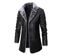ADOSSAC Blouson Automne Hiver Homme Revers en Molleton Hommes de rétro Cuir Manteau Noir Long Faux Veste d'hiver PU Trench Couleur Unie à Manches Longues avec col Fourrure, L