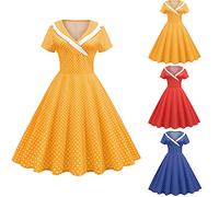 ADOSSAC Femme Robe de Soirée Chic 1956 Robe à 'Audrey Hepburn' Classique Vintage 50's 60's Style à Mancheron Robe Femmes Vintage des Années 50 Elégantes avec à Pois Rockabilly col V, Marine, XL