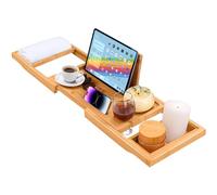ADOV Pont de Baignoire Extensible, Naturel Bois Bambou Plateau Baignoire avec Bougie, Verre, Livre, Tablette et Téléphone Titulaire, Antidérapante Etagère à Baignoire Convient À Plupart Baignoire