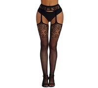Adove - Collants à jarretelles pour femme, taille haute, avec motif, résille, jusqu'aux cuisses, Taille unique