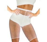 Adove Short de motard en résille élastique taille haute en maille pour femme, Blanc M, Taille unique