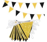 ADQUATOR Lot de 52 fanions triangulaires réutilisables en tissu polyester pour intérieur ou extérieur - 20 m - Noir et doré - 16 x 22 cm