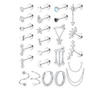 Adramata 25Pcs Piercing Oreille Acier Chirurgical Boucles d'Oreilles Femme Créoles Plaqué Or/Argent 18K Petite Boucles d'Oreilles Dos Plat CZ Chaine Piercings Conch Cartilage Piercing Helix Tragus