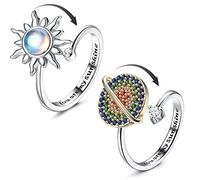 Adramata 2Pcs Argent Anti-Stress Bague pour Femme - Tournesol Spinner Ajustable, Pierre de Lune, Anxiété Réglable Ouverts Fidget