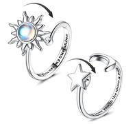 Adramata 2Pcs Argent Anti-Stress Bague pour Femme - Tournesol Spinner Ajustable, Pierre de Lune, Anxiété Réglable Ouverts Fidget