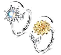 Adramata 2Pcs Argent Anti Stress Bagues pour Femme Tournesol Spinner Bague Ajustement Bague Anxiété Pierre de Lune Bague Anxiété Réglable Ouverts Fidget Bague pour Femme Anti Stress