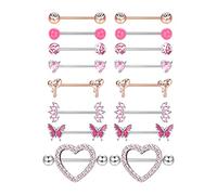 Adramata 8 Paires 14G Piercing Teton Femme en Acier Chirurgical avec Cœur Papillon - Anneaux de Mamelon Bijoux Corps pour Langue
