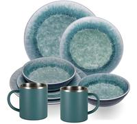 Adria Blue Service de table en mélamine pour 2 personnes - 8 pièces bleues - avec tasses thermiques en acier inoxydable aspect faïence - Accessoires de camping, caravane, camping, festival