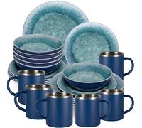 Adria Blue Service de table en mélamine pour 6 personnes - 24 pièces Bleu - Avec tasses thermiques en acier inoxydable aspect faïence Vaisselle de camping caravane Camping Festival pique-nique fête