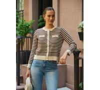 Adrianna Papell Adrianna Papell White Crew Neck Button Front Striped Pointelle Long Sleeve Sweater