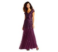 Adrianna Papell Robe Longue perlée col en V avec Manches Courtes et Taille, Cassis, 40 Femme