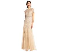 Adrianna Papell Short-Sleeve Grid Beaded Gown Robe, Champagne, 42 Femme