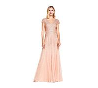 Adrianna Papell Women's Long Beaded V-Neck Dress with Cap Sleeves and Waistband, Blush, 10