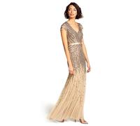 Adrianna Papell Women's Long Beaded V-Neck Dress with Cap Sleeves and Waistband, Nude, 4